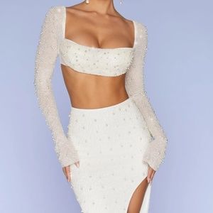 Oh Polly Pearl Embellished Long Sleeve Crop Top in Ivory